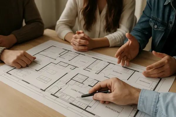 Plattegrond van een appartementsrenovatie op tafel