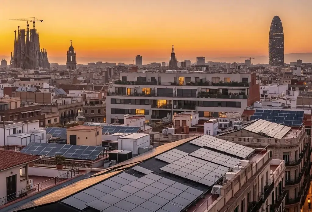 Daken in Barcelona met zonnepanelen bij zonsondergang, in de verte de Sagrada Família