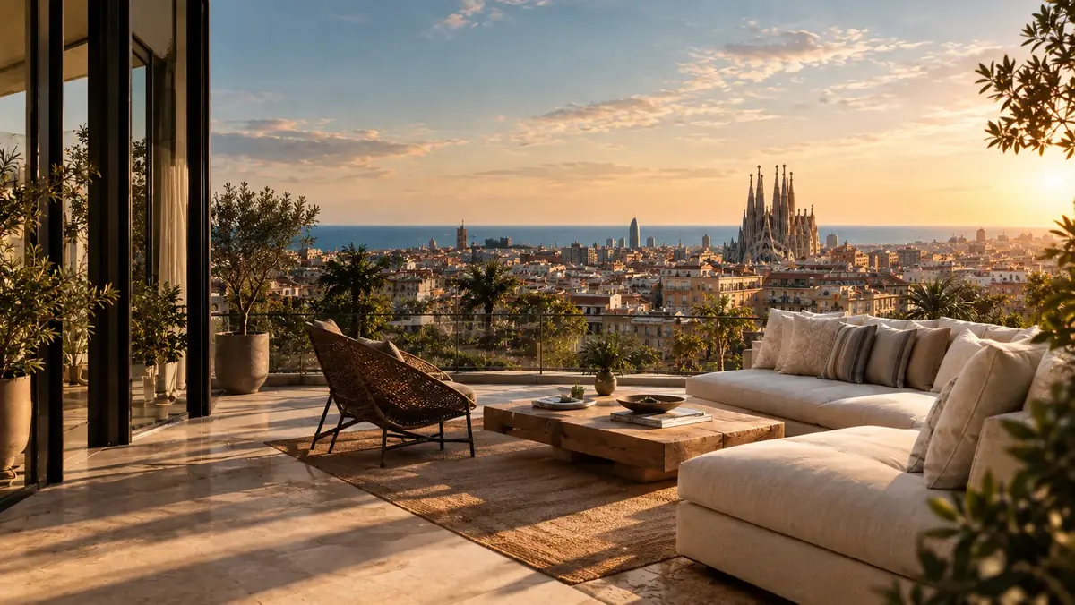 Modern dakterras in Barcelona bij zonsondergang, met de Sagrada Família aan de horizon